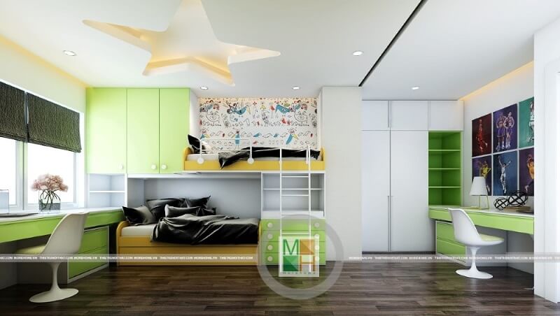 Mẫu thiết kế nội thất phòng ngủ trẻ em hiện đại cho chung cư nhỏ gọn với tông màu xanh chủ đạo Mẫu nội thất chung cư đẹp