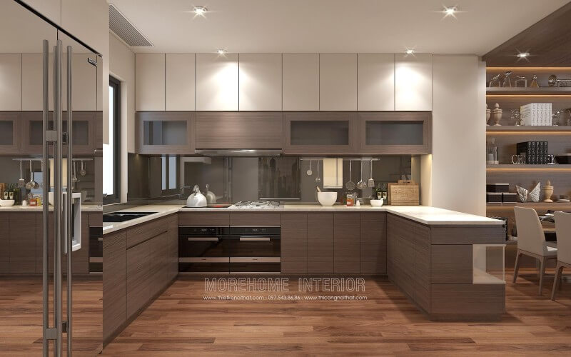 Thiết kế tủ bếp chung cư kiểu dáng chữ U với các khu vực được phân bố hợp lý, phân chia góc không gian nhà bếp hài hòa Tủ bếp chung cư
