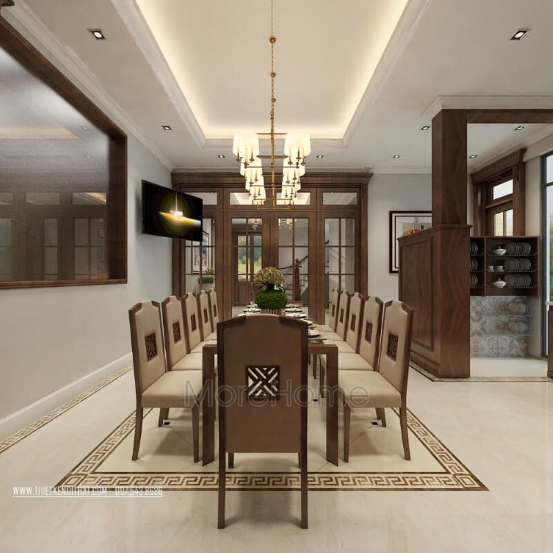 Mẫu thiết kế phòng ăn biệt thự với bàn ghế ăn được làm từ gỗ óc chó có độ đẹp cao.