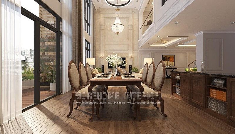 Bộ bàn ăn 6 ghế gỗ óc chó bọc nỉ phong cách tân cổ điển có thiết kế đẹp và cao cấp để trang trí căn hộ duplex, penthouse.
