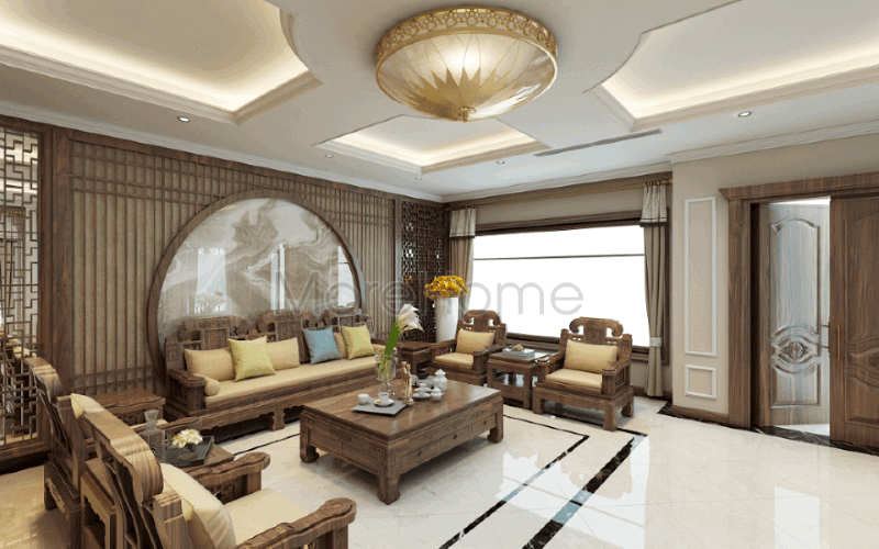 Đường vân uốn lượn từ đá ốp tường cao cấp kết hợp với bức vách ốp tường hoa văn trang nhã đã tạo nên một bức tranh tuyệt đẹp cho phòng khách của biệt thự Riverside Nguyễn Duy Trinh, Quận 2, Tp. Hồ Chí Minh.