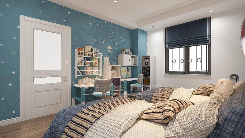 Bạn đang phân vân về cách trang trí tường phòng của bé? Mẫu giấy dán tường màu xanh với bầu trời đầy sao sẽ là lựa chọn độc đáo để tạo nên sự thú vị cho thiết kế nội thất phòng của con, khiến bé cảm thấy hạnh phúc mỗi khi nhìn thấy nó khi đang nằm hay ngước lên trên giường học bài.